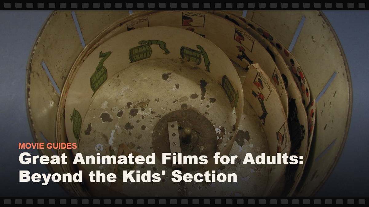 Real photograph of an antique zoetrope optical animation toy, cover graphic for the Reelmonk guide "Great Animated Films for Adults: Beyond the Kids' Section"