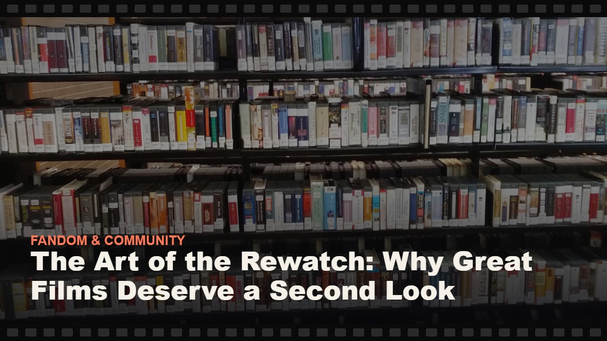 Real photograph of a shelf of borrowable film tapes at a public library, cover graphic for the Reelmonk guide "The Art of the Rewatch: Why Great Films Deserve a Second Look"