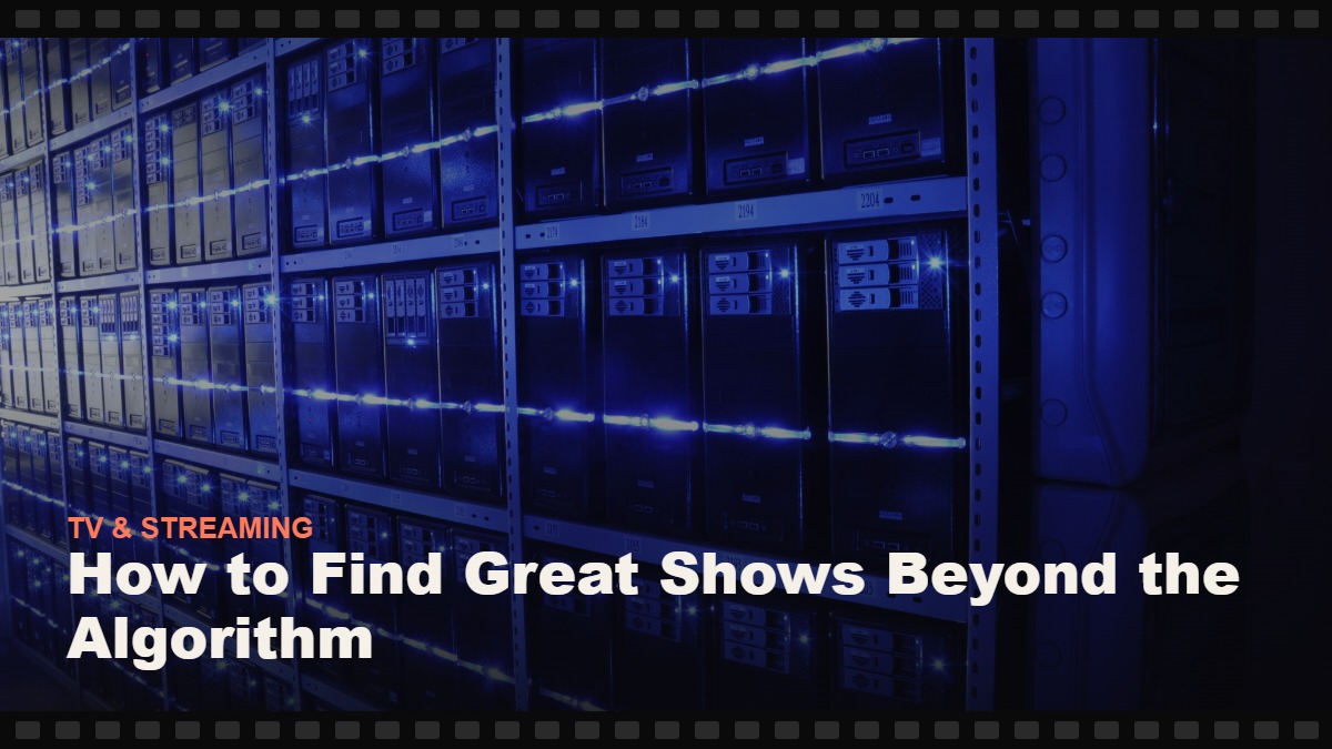Real photograph of a server room data center, cover graphic for the Reelmonk guide "How to Find Great Shows Beyond the Algorithm"