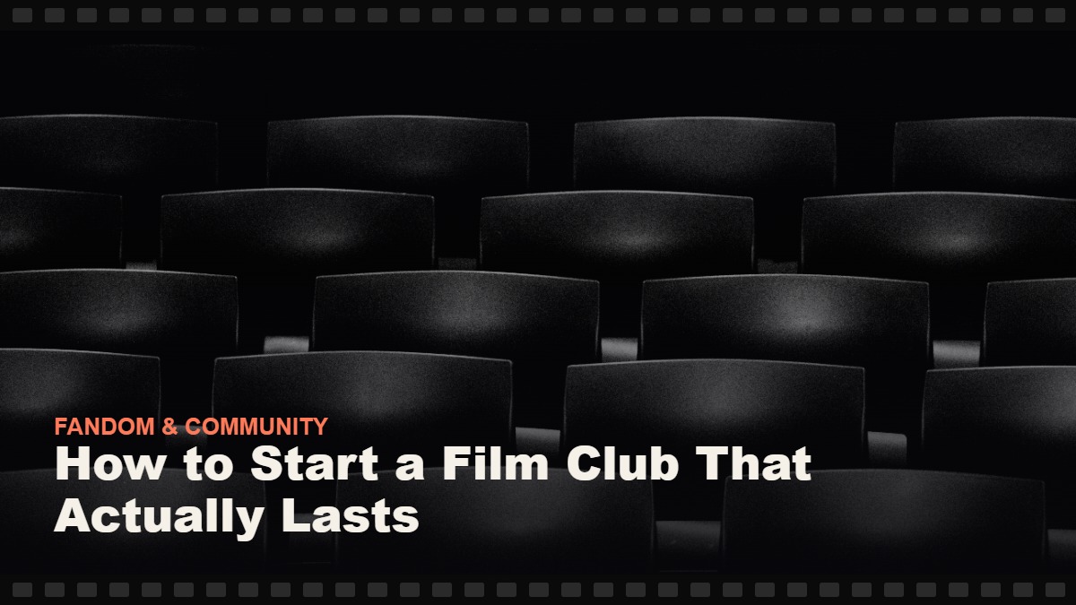 Real photograph of empty movie theater seats, cover graphic for the Reelmonk guide "How to Start a Film Club That Actually Lasts"