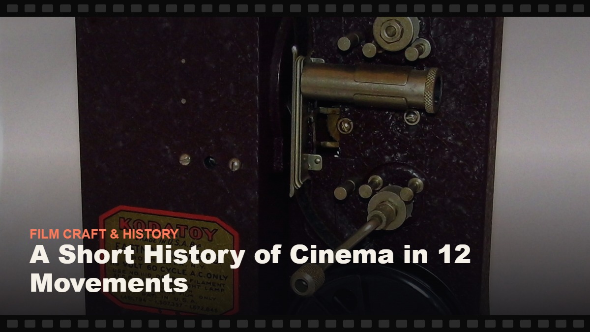 Real photograph of a vintage 16mm hand-crank film projector, cover graphic for the Reelmonk guide "A Short History of Cinema in 12 Movements"