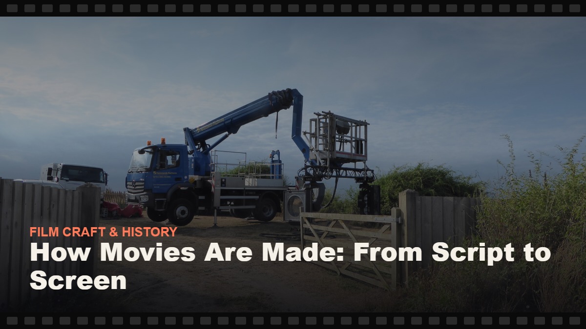 Real photograph of film crew equipment on set, cover graphic for the Reelmonk guide "How Movies Are Made: From Script to Screen"