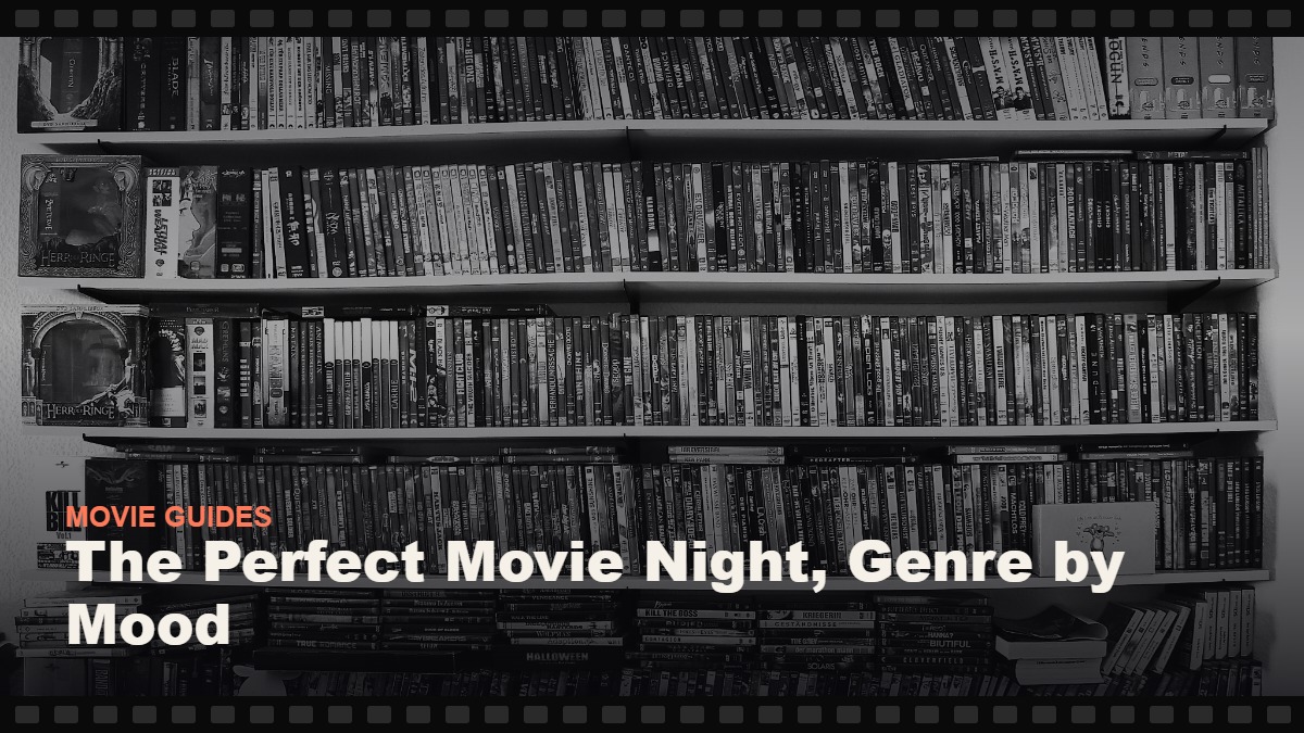 Real photograph of a large personal DVD and Blu-ray movie collection spanning many genres, cover graphic for the Reelmonk guide "The Perfect Movie Night, Genre by Mood"