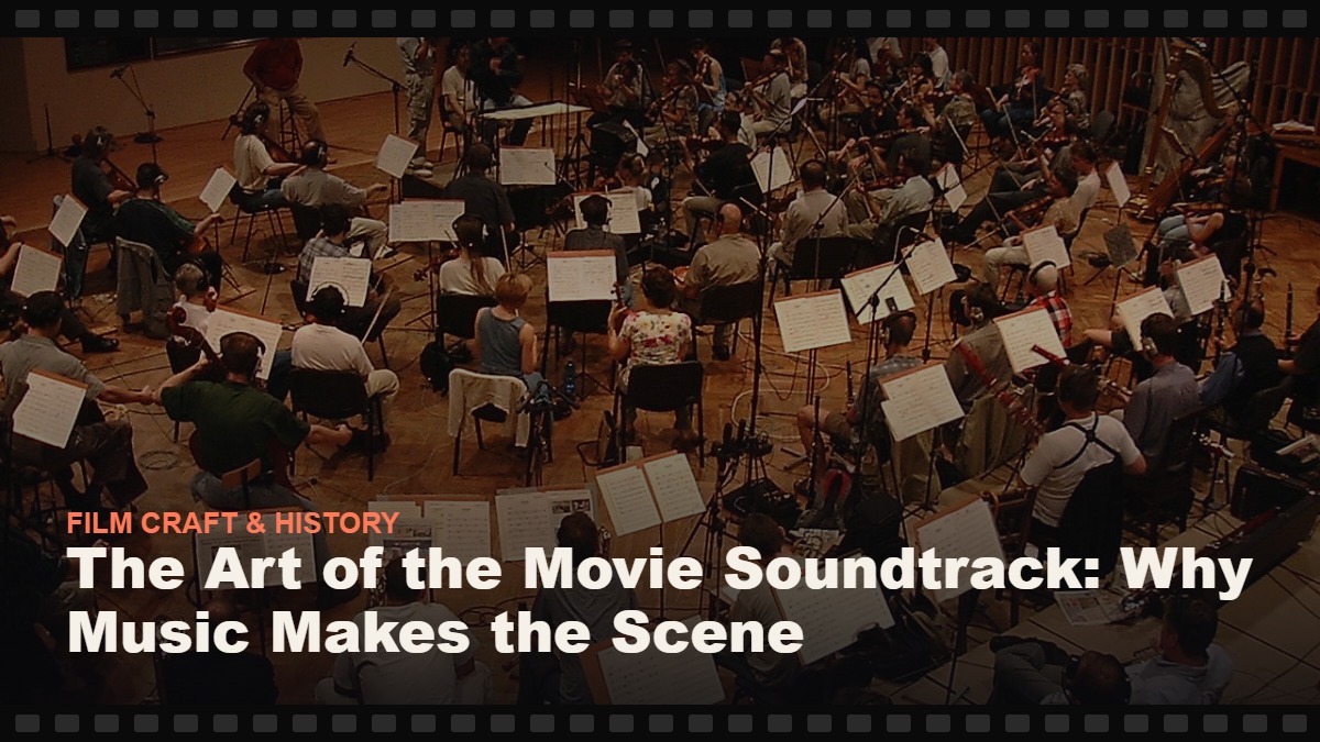 Real photograph of an orchestra recording session, cover graphic for the Reelmonk guide "The Art of the Movie Soundtrack: Why Music Makes the Scene"