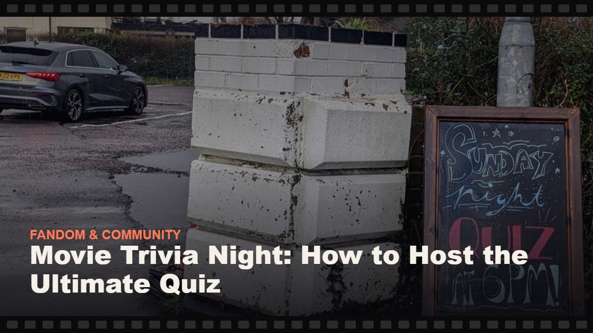 Real photograph of a sandwich-board sign advertising a quiz night, cover graphic for the Reelmonk guide "Movie Trivia Night: How to Host the Ultimate Quiz"
